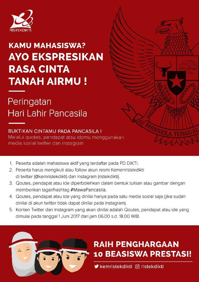 RumahSinau's tweet photo. Ekspresikan rasa cinta tanah airmu dan raih beasiswa prestasi!
#MawaPancasila https://t.co/k1m0ANeskl