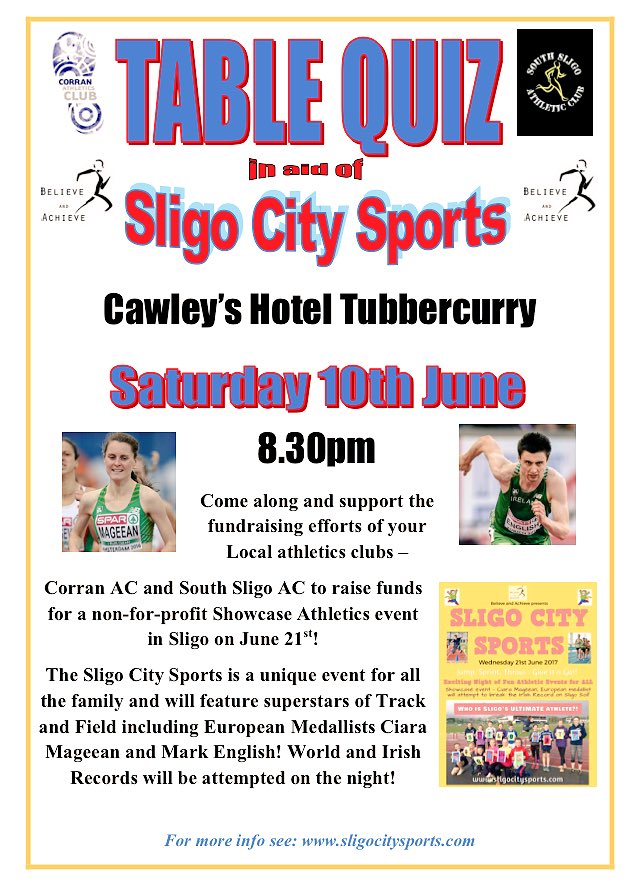 Table Quiz in #Tubbercurry Sat 10th June in aid of Sligo City Sports. Great prizes! Please support!