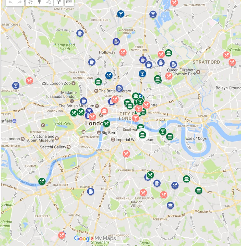 An illustration of how much food in London has changed - A map of the pop-ups I listed in July 2011, vs May 2017.  No wonder we're so busy!
