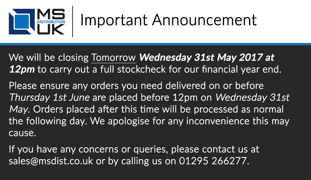 Our offices will be closing early Tomorrow at 12pm. Orders placed after 12 will be processed the next day - ow.ly/WDKM30bZYUc