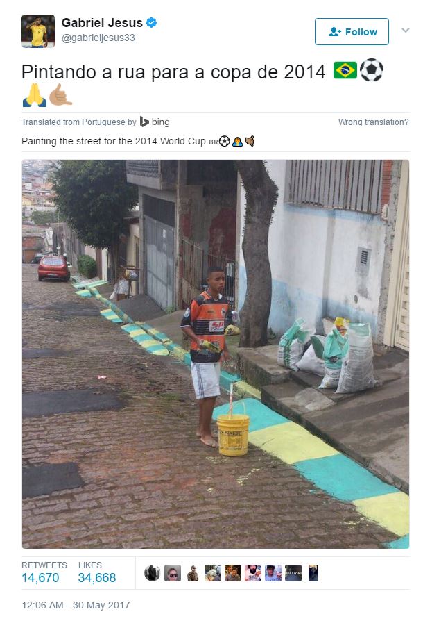 Football Daily 3 Years Ago Gabriel Jesus Was Painting His Streets For The 14 World Cup In Brazil T Co 8bu1fghh01 Twitter