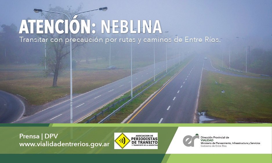 aleginart's tweet photo. #EntreRios #ATENCIÓN #NEBLINA, transitar con suma #Precaución por #Rutas y #Caminos entrerrianos, respetar #MedidasDeSeguridad @dpventrerios https://t.co/26r7NN61wj