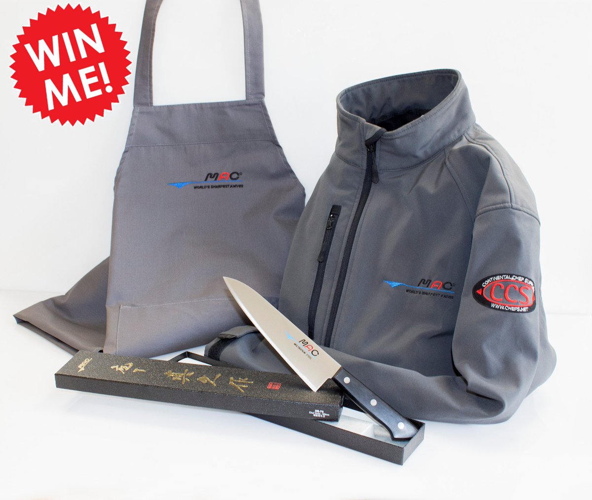 MAC GIVEAWAY! Win these fantastic #MACKnives chef goodies including apron, soft shell jacket &amp; 7 1/4" utility knife! Follow &amp; RT to enter!