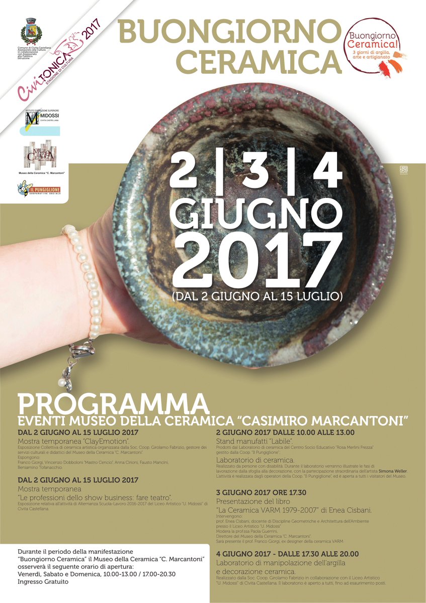 CiviTONICA's tweet photo. 2,3,4 #Giugno #BuongiornoCeramica tre giorni di #argilla #arte ed #artigianato
#CivitTONICA #LiberiDiSapere #Cultura #ViviCivita https://t.co/GAdQFBJ8Du