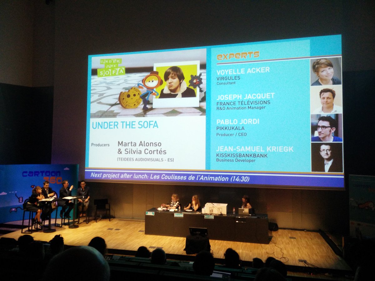 catalanfilms's tweet photo. @Teidees answering the questions of the experts after the great pitch of "Under the sofa" #Cartoon360 @CARTOON_media #catalanprojects https://t.co/ZtZUZOVyTe