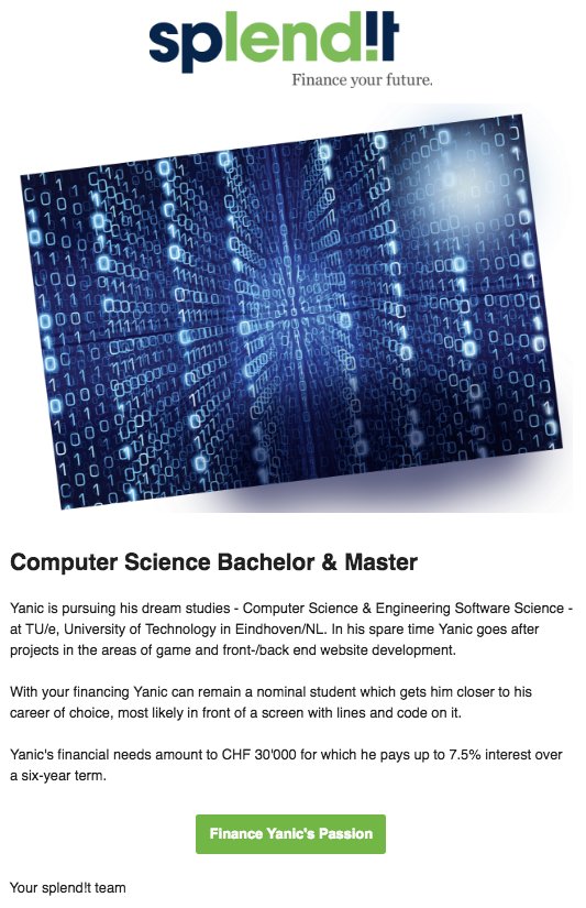 splendit_'s tweet photo. New Auction - Place your bids please: Computer Science Bachelor &amp; Master https://t.co/hAPliP92YQ #impactinvesting #P2P #FinanceYourFuture https://t.co/eMy99cUWxj