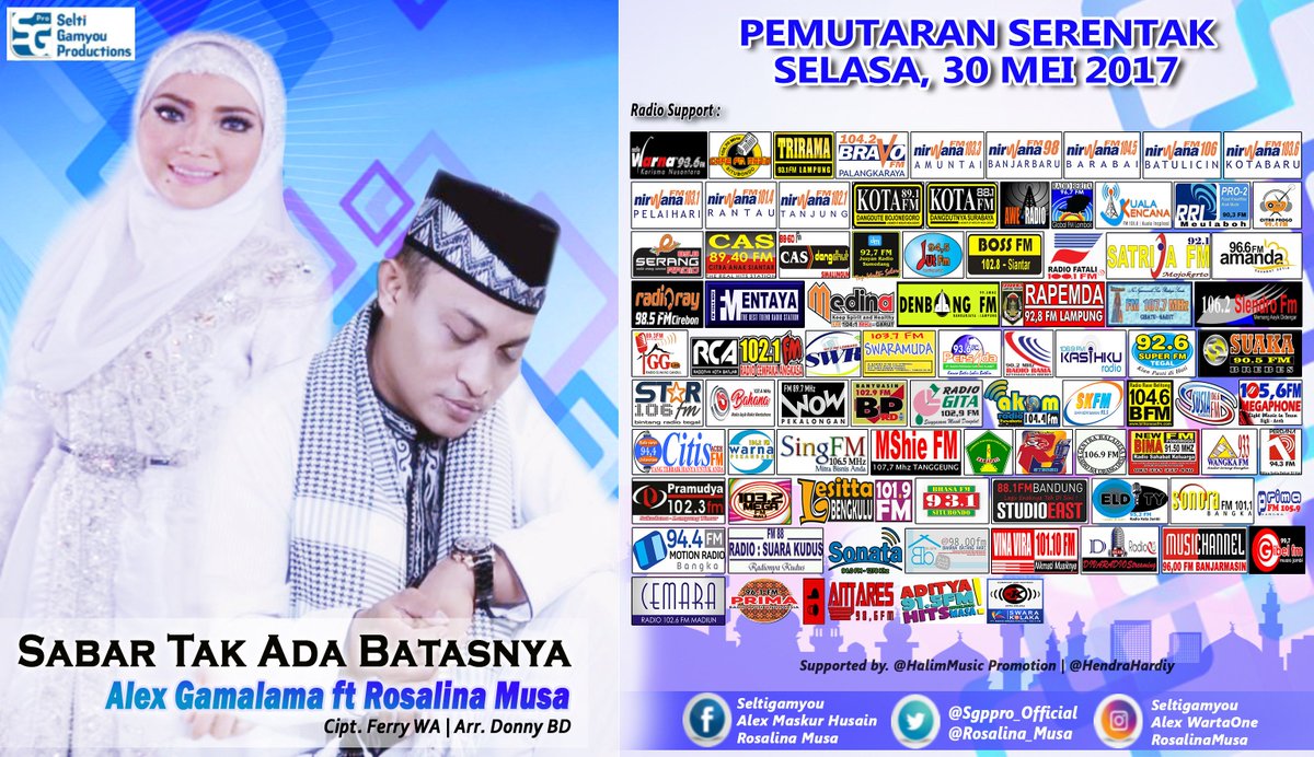BPRdi_Banyuasin's tweet photo. #PEMUTARANSERENTAK Alex Gamalama Feat. @Rosalina_Musa #SABARTAKADABATASNYA 
CC. @sgpro_official @HalimMusic @HENDRAHARDIY https://t.co/79dLo7pM3n