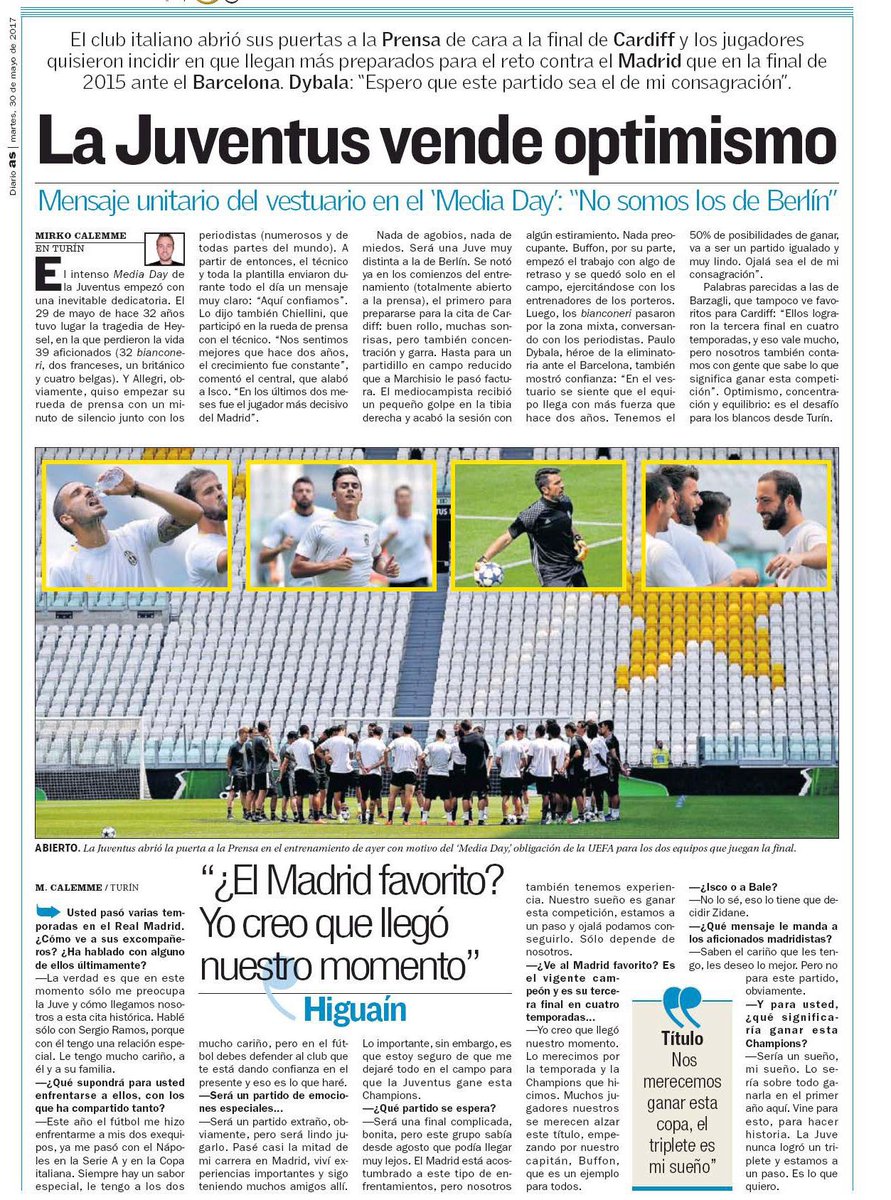 JuventusfcUK's tweet photo. Today in Spain, in AS - it's all about the Juventus: Allegri, Higuain, Dybala and Del Piero! #UCL #UCLFinal #ITsTimeForCardiff #JuveReal https://t.co/e2juJgFhBw