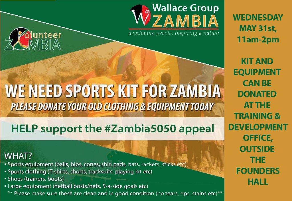 Calling all athletes and teams at <a href="/UniofBath/">University of Bath</a> - donate your old #sports kit and equipment to <a href="/ZambiaUoB/">VolunteerZambia Bath</a> #Zambia5050 appeal tomorrow!