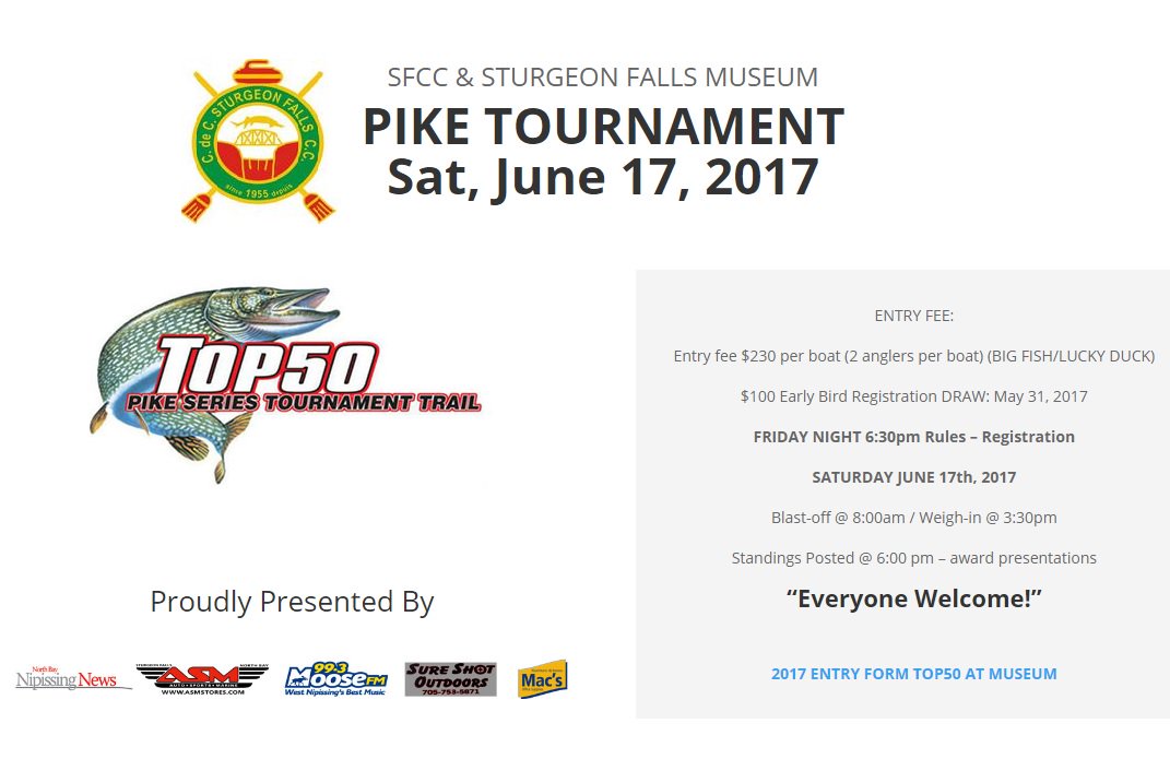 moosefmcfsf's tweet photo. Register your team before tomorrow and qualify for the early bird draw!! https://t.co/E8ZNZcxMY1 #Top50Pike #SturgeonRiverHouseMuseum https://t.co/dhrRhZZjSx