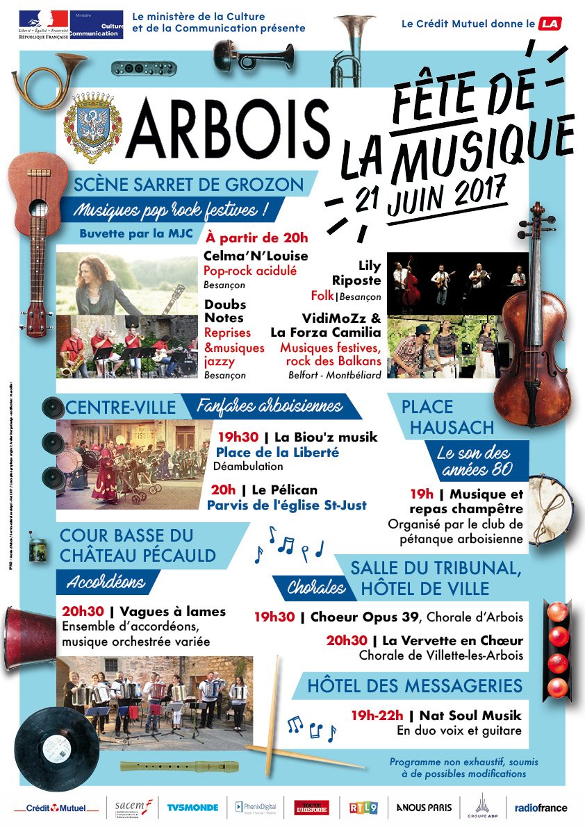 Découvrez dès maintenant le programme de la fête de la musique 2017 d'Arbois!! 
#arbois #jura #franchecomté #FeteDeLaMusique #rock #pop