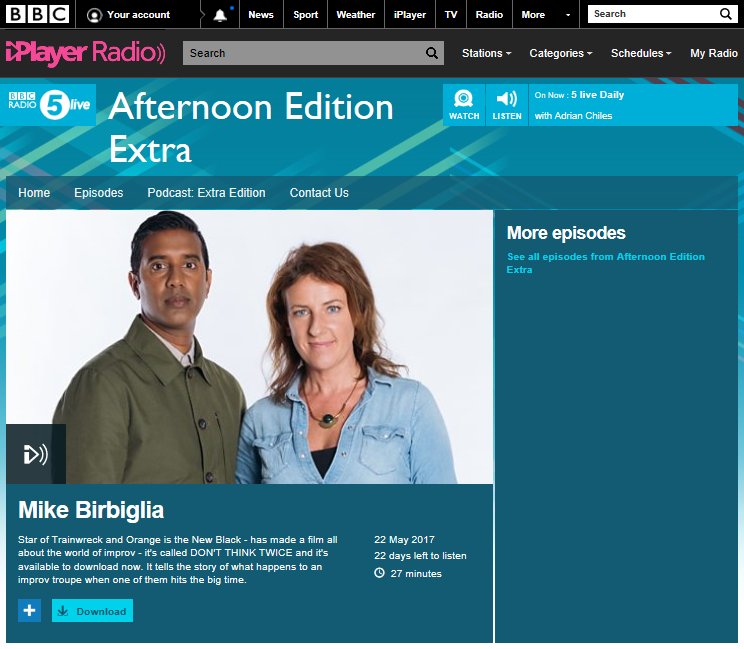 Miss <a href="/birbigs/">Mike Birbiglia</a> interview with <a href="/bbc5live/">BBC Radio 5 Live</a> #AfternoonEdition? Listen here: bbc.in/2q9Ukpa. #DontThinkTwice now available in the UK!