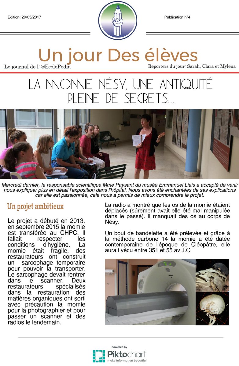 EcolePedia's tweet photo. Comme nous la #momie Nésy du #musée E.Liais à Cherbourg a été hospitalisée, pour l'occasion, Sarah et Clara ont écrit un article. #journal https://t.co/xvhy5rNIk2