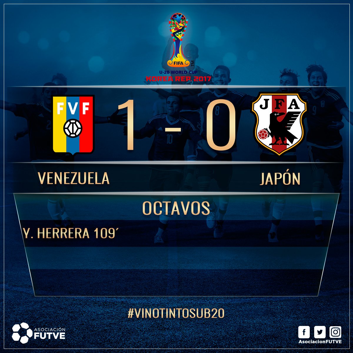 LigaFUTVE's tweet photo. ¡Resultado final de la @VinotintoSub20 frente a Japón!💪⚽
➡ 🇻🇪 1-0 🇯🇵
¡Estamos en los cuartos de final! #U2WC #VamosVinotinto https://t.co/5yzj3zocdZ