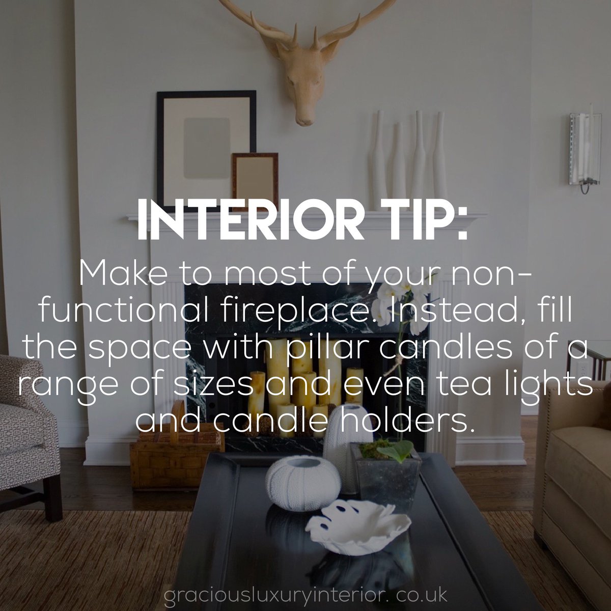 Gracious_Luxury's tweet photo. If you have a non-functioning fireplace, try using a range of different candles to spruce up the space.

#InteriorDesign #InteriorTip https://t.co/z1dGv0UFx7