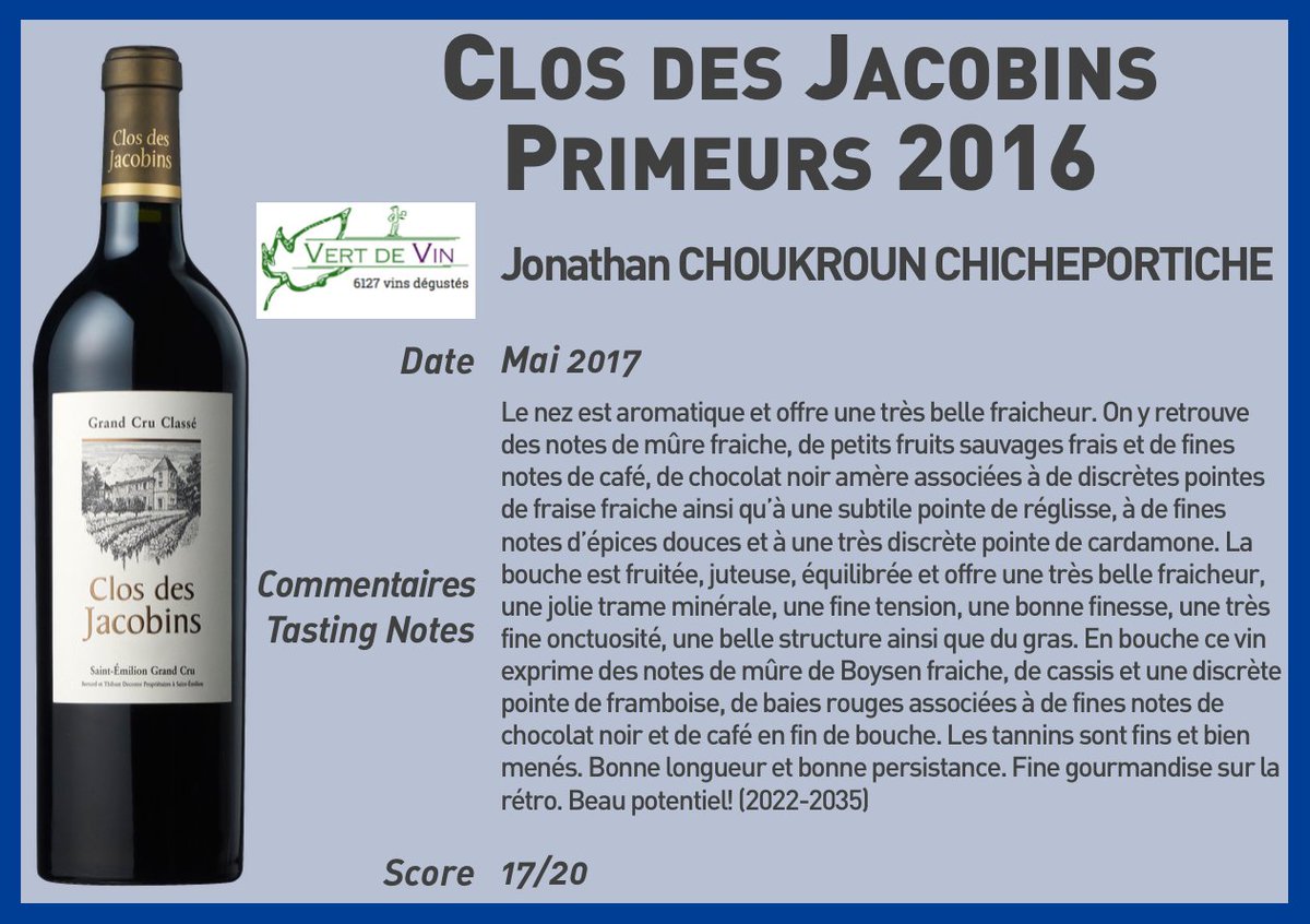 MTDecoster's tweet photo. #closdesjacobins 2016 noté par Jonathan Choukroun Chicheportiche pour @Vert_de_Vin #merci #Primeurs2016 #Vert_de_Vin #wine #vin #mtdecoster https://t.co/hGBOe4n8ww