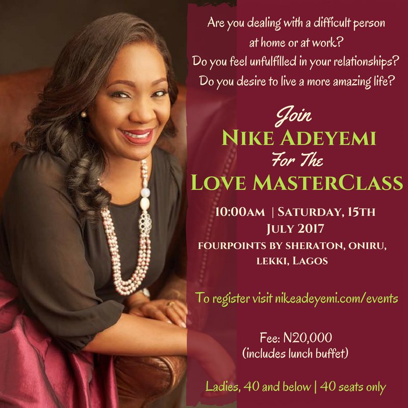 NikeAdeyemi's tweet photo. A few seats still available for the upcoming Love MasterClass... You don't want to miss this! #Love #LoveMasterclass #Women #Register https://t.co/K94ulCy9MR