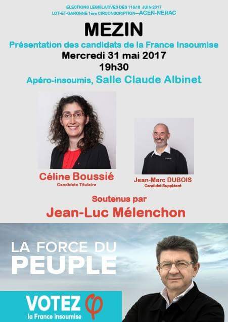 LegisAgenNerac's tweet photo. Venez rencontrer et échanger avec nos candidat-e-s #Fi à #Mezin #PaysdAlbret #LotetGaronne #legislatives2017 le 31Mai 19h30 https://t.co/doSOSNZVgr