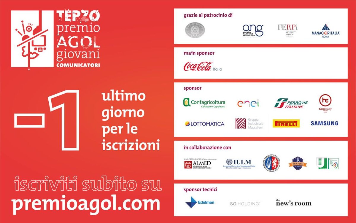 gracemurtarelli's tweet photo. Ultimo giorno per partecipare al 3° Premio @Agolnet per #giovani #comunicatori. Per saperne di più: https://t.co/TdT1r7QNvy https://t.co/oGcGO8Xj2c