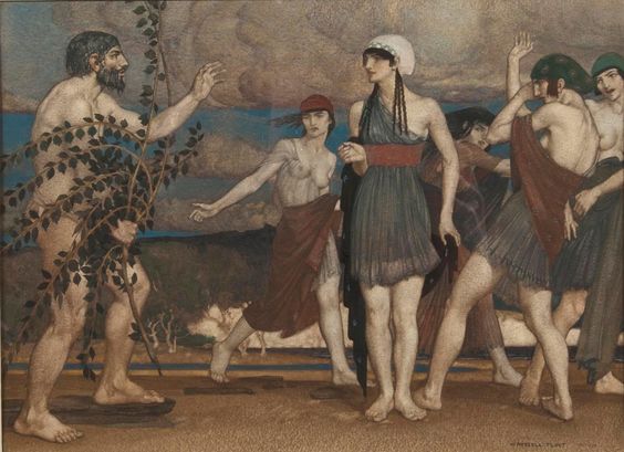 latinategua's tweet image. Odiseoo se encuentra con Nausícaa | The arrival of the shipwrecked Odysseus, meeting with Nausicaa and her servants (1914), Russell Flint