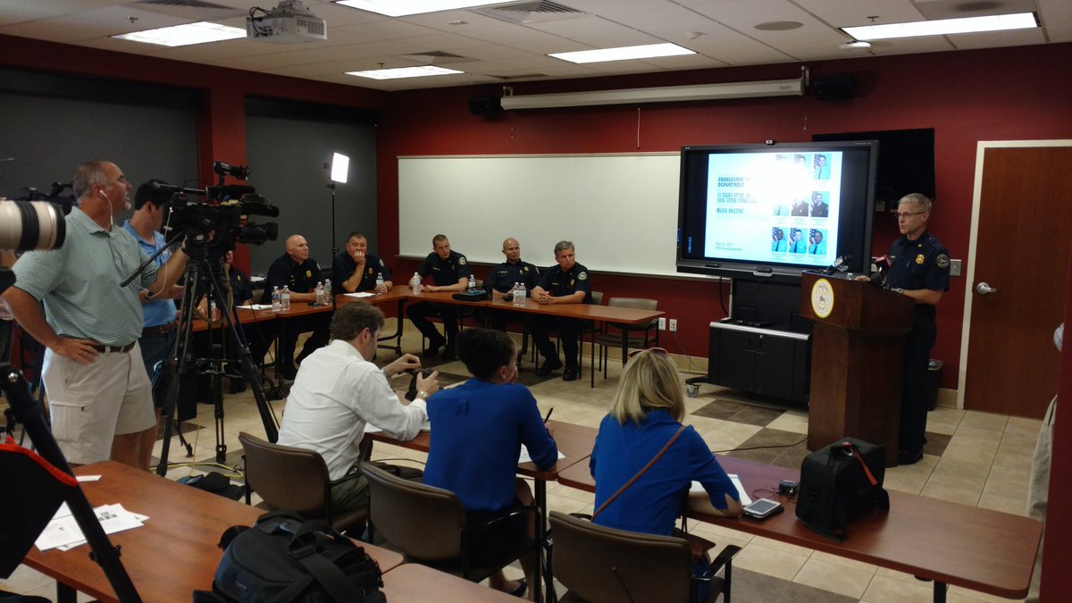 Charleston_Fire's tweet photo. Members of the CFD meeting with the media today in preparation of the 10 year commemoration of the loss of 9 members of the department. https://t.co/c1BJ83Vkwj