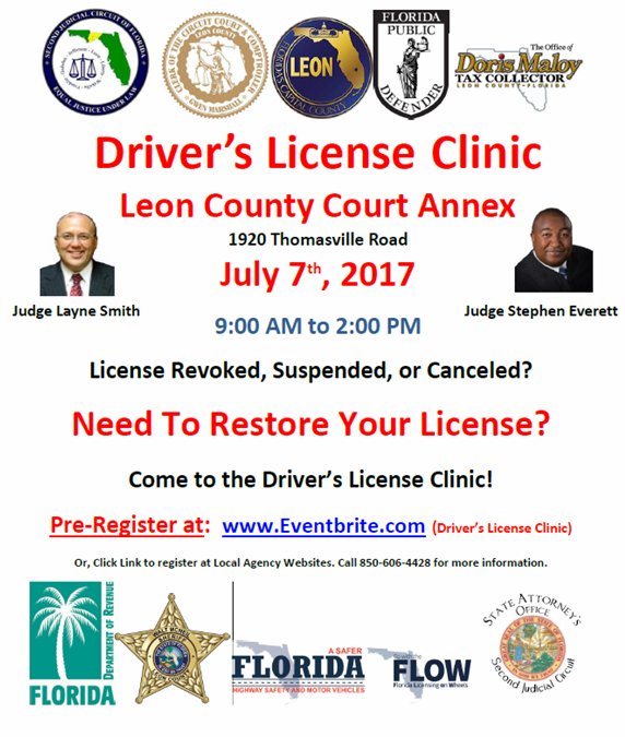 License revoked, suspended, or canceled? Need it back? Come to the Driver’s License Clinic! Leon Court Annex, Friday, July 7th from 9 to 2.