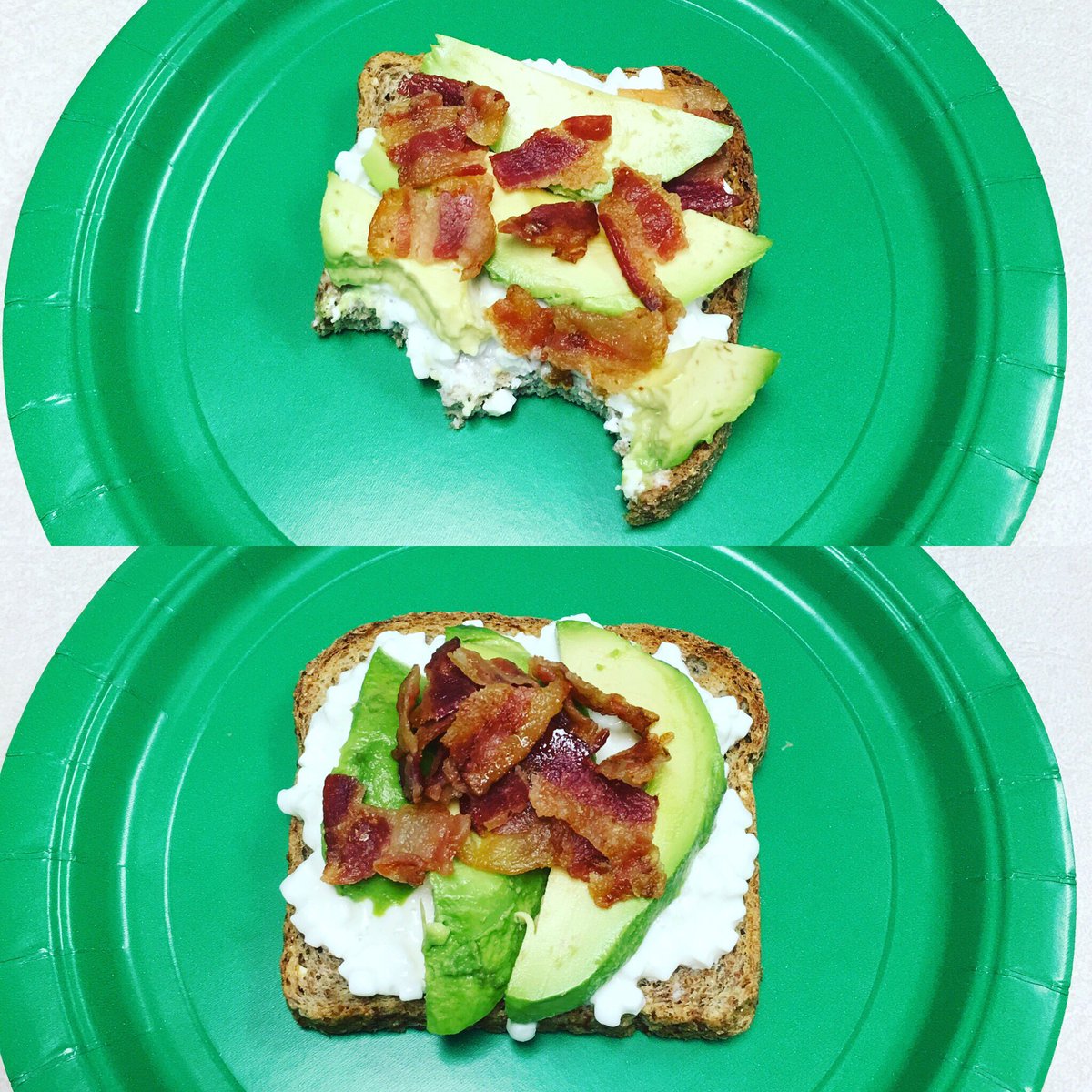 LamoureuxTwins's tweet photo. Ezekiel bread, cottage cheese, avocado, with bacon bits! Thank you @DanitheRD for the healthy and DELICOUS snack! #DaniTheRD #Yummy! https://t.co/QMxC0AqlKV