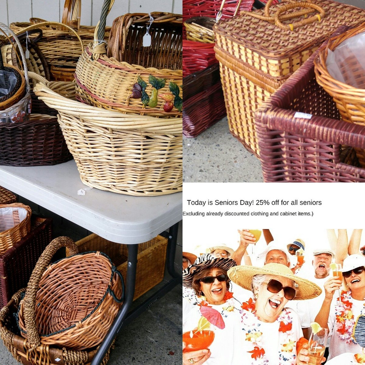 CytheraThrift's tweet photo. Senior's day today!! We also have baskets for 50% off. Great for #storage, #picnics or #giftbaskets https://t.co/X3rsS7AY0i