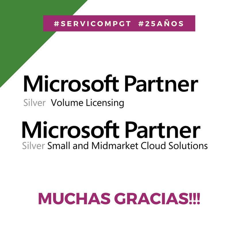 SCDGSA's tweet photo. Microsoft en la historia de Servicomp es muy importante, gracias por el apoyo y la confianza. #PartnerSilver #Microsoft #25Años #Servicompgt https://t.co/tND0Xsh8eu
