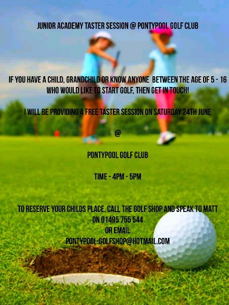 GolfPontypool's tweet photo. **Children's free golf taster session** 
         Saturday 24th June from 4pm - 5pm https://t.co/JUr52hmcRd