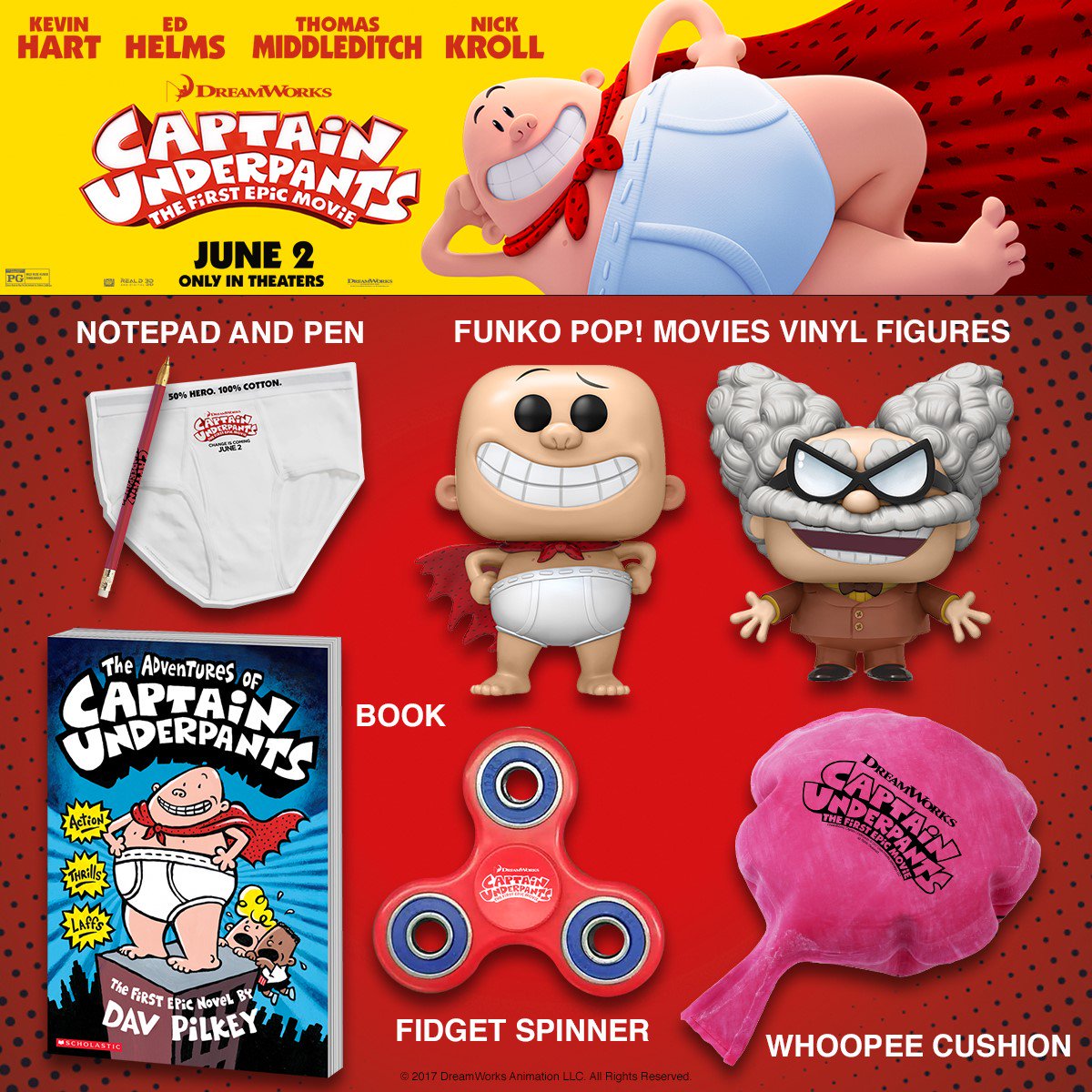 FOLLOW us &amp; RT for a chance to win this #CaptainUnderpants movie prize pack! #giveaway Get tickets &amp; showtimes: regmovi.es/2qvHWE4