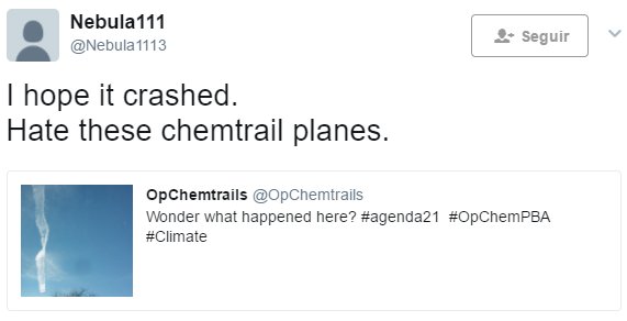 Espero que se estrellara. Odio a los aviones de los chemtrails.