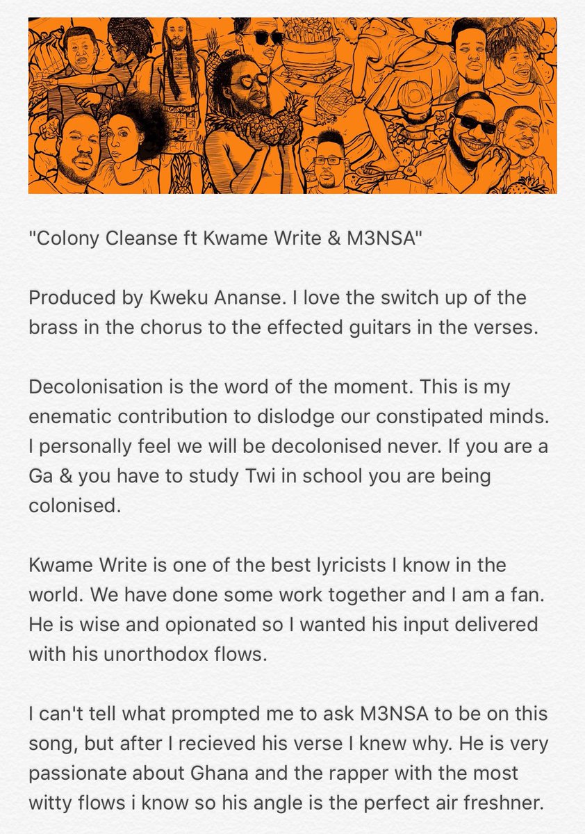 wanlov's tweet photo. Trk 08 "Colony Cleanse ft @kwamewrite & @mensamusic " is about #decolonisation #OrangeCard #FruitopianRaps ๐๐ค
https://t.co/Nm7ykjuhi6 https://t.co/WU0VOA37u2