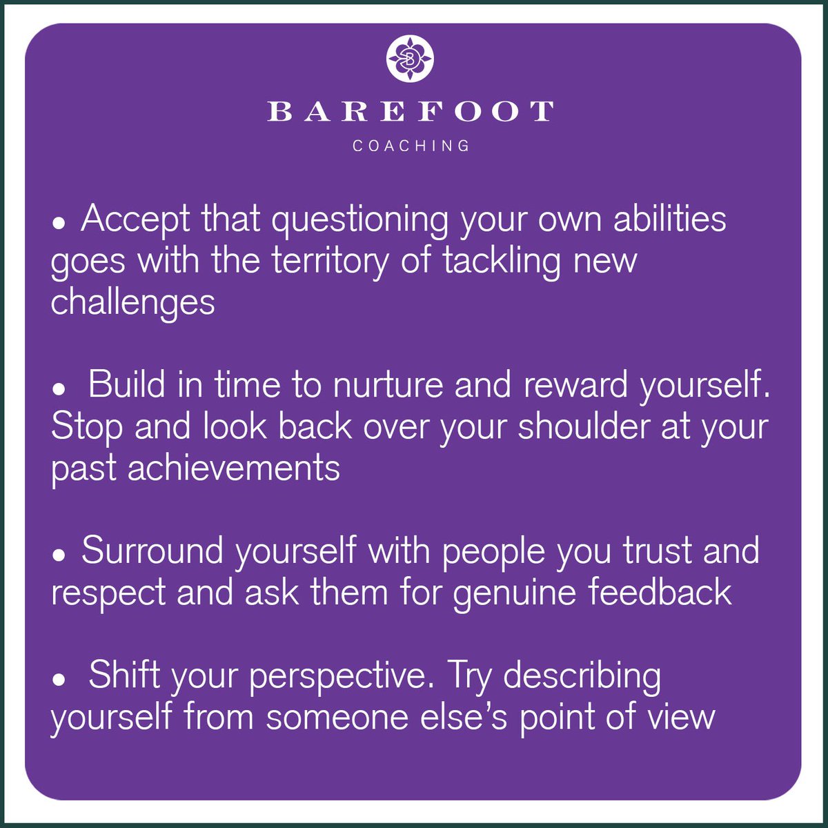Barefoot_Ltd's tweet photo. So how do we overcome #ImpostorSyndrome? Acceptance can be the first step says Kim Morgan. #AtoZCoaching #coaching #feelinglikeafraud https://t.co/Em6Xi5v4jv