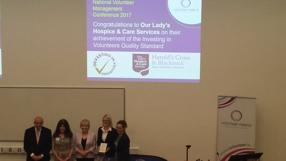 VolunteerSligo's tweet photo. Well done to Our Lady's Hospice Harolds Cross &amp; Blackrock on achieving the Investing In Volunteers Award presented at #NVMC2017 in @itsligo https://t.co/Bkbtj6nsCX