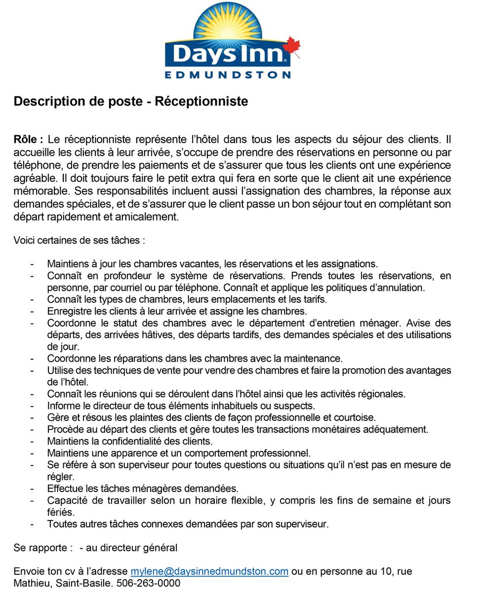 Urgent! #Réceptionniste recherché.e au Days Inn #Edmundston. 3 soirs/2 nuits par semaine. <a href="/DaysInnEdm/">Days Inn Edmundston</a> #EmploiNB