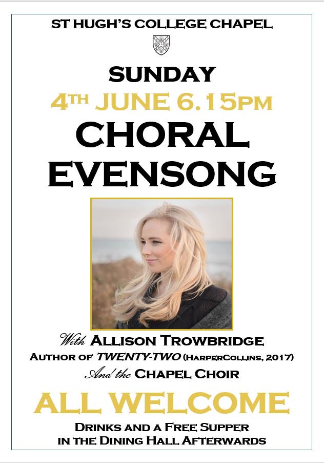 StHughsCollege's tweet photo. Come to choral evensong this Sunday at 6.15 in #StHughsCollege #Chapel. with alumna and author @Alliebridge https://t.co/xbVkADvynr https://t.co/JjySppZcXx