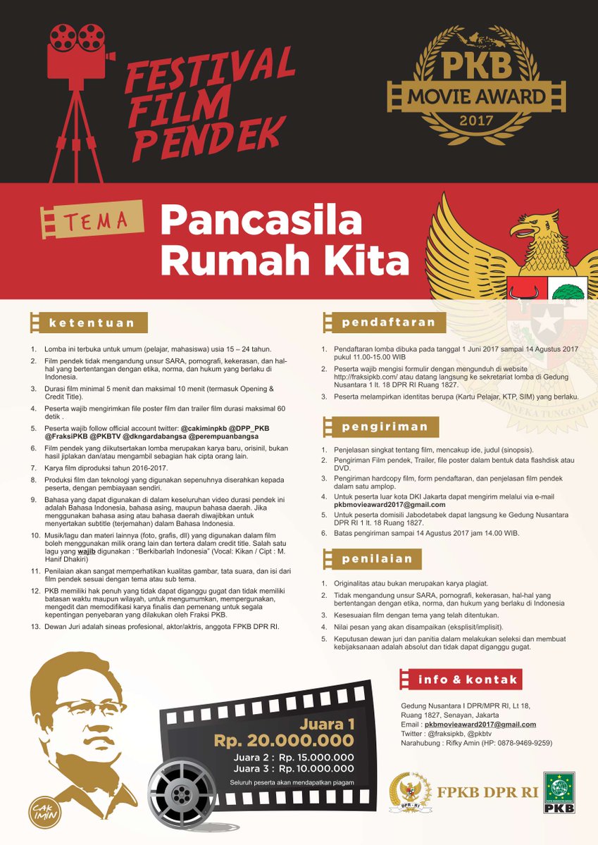 imb3ng's tweet photo. Ikuti : Festival Film Pendek "Pancasila Rumah Kita" #pkbmovieaward pendaftaran 1 Juni-14 Ags via @FraksiPKB @PKBTV https://t.co/zqWT62Ro4n