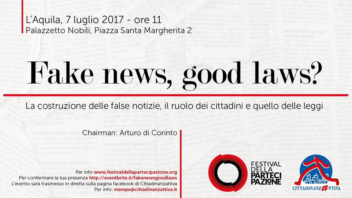 alcossu's tweet photo. Il 7/7 a L'Aquila "Fake news, good laws?",tra soluzioni legislative e controllo civico delle fonti, come possono contare i cittadini #fdp17 https://t.co/ltbfInm2zU