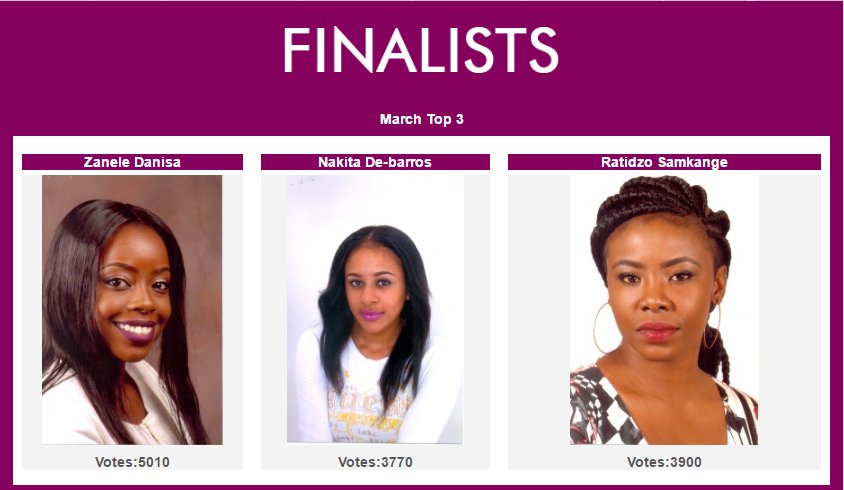Congratulations to our TOP 3 March contestants! 
Zanele Danisa, Ratidzo Samkange and Nakita De-barros 
#AllEyesOnMe
#BLKOPL
