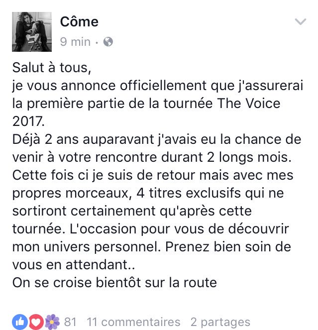 ComeTheVoice's tweet photo. @comeofficiel fera la 1ère partie de la tournée the voice 2017!
Allez vite acheter vos places 😄
(via Facebook). https://t.co/OmKAAqSWZs