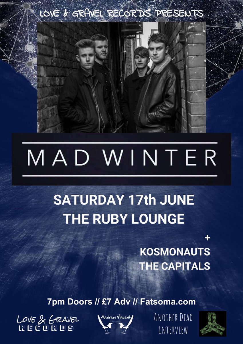 TheRubyLounge's tweet photo. @Love_Gravel_Rec records presents
#madwinter
+ guests @KOSMONAUTSUK & @itsthecapitals
Saturday 17th June
https://t.co/4jgrf4o6yk https://t.co/jNLGYq8FYH