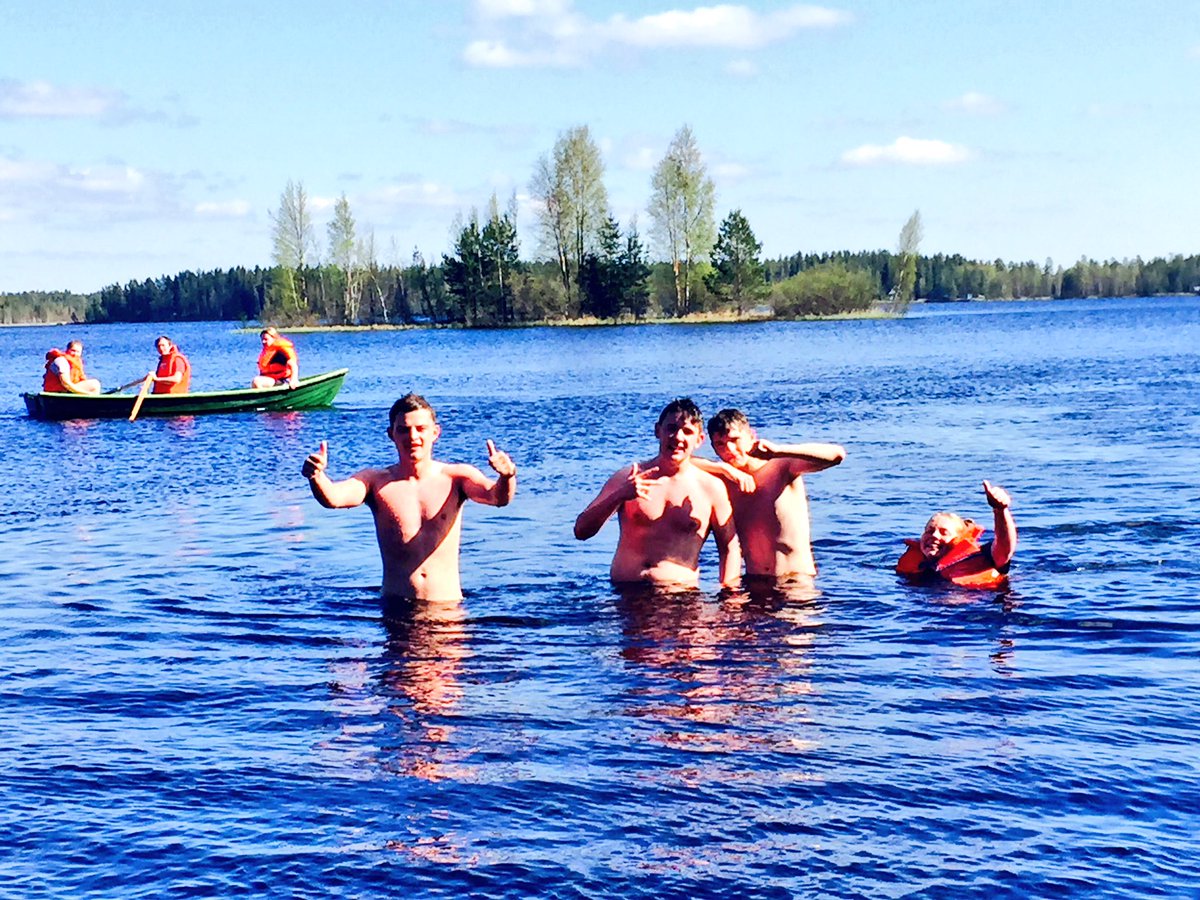 BusinessNSC's tweet photo. Who's afraid of the cold water? Not us! Its like summer for the Brits Water fun, boats, sauna and volleyball in Finland @ns_college https://t.co/CF9sWeiGFd