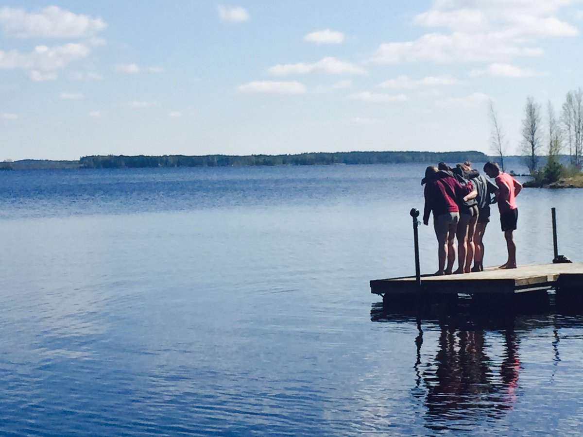 BusinessNSC's tweet photo. Who's afraid of the cold water? Not us! Its like summer for the Brits Water fun, boats, sauna and volleyball in Finland @ns_college https://t.co/CF9sWeiGFd
