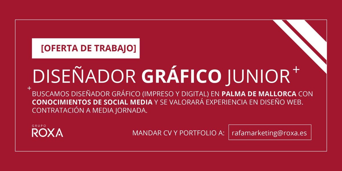 GRUPO ROXA Twitter: "Oferta de trabajo en sector automoción: Gráfico - #GrupoRoxa #automocion #Mallorca #trabajo #diseno #disenografico https://t.co/oL4FAl9zDx" / Twitter