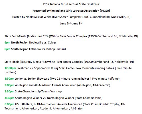 indianagirlslax's tweet photo. It is the final weekend for girls lacrosse here in our great state of Indiana! Here is our schedule! Come check out these amazing games! https://t.co/uggNwBfeAr