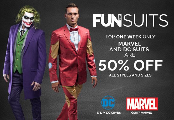 fundotcom_'s tweet photo. This week only: all https://t.co/g8RK1HuJDN are 50% off! Both Marvel and DC styles are included. Suit up today! #funsuits https://t.co/gGPHoiDY9Q