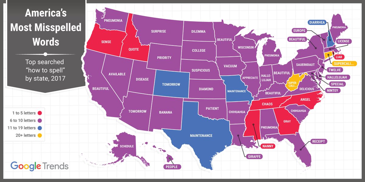 America's most misspelled words - it's #spellingbee week and we mapped top 'how to spell' searches by state

#dataviz