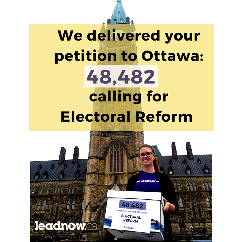 leadnowca's tweet photo. Yesterday we delivered 48,482 signatures calling for electoral reform from across Canada to Parliament #votebetter #bringERback https://t.co/HmebSS5rLA