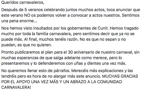 CarnavalCunit's tweet photo. Se anuncia lo inevitable: @CarnavalCunit no cuenta con actos este verano después de 5 años convocando a todos! #cunit https://t.co/pjGDT6MRwu